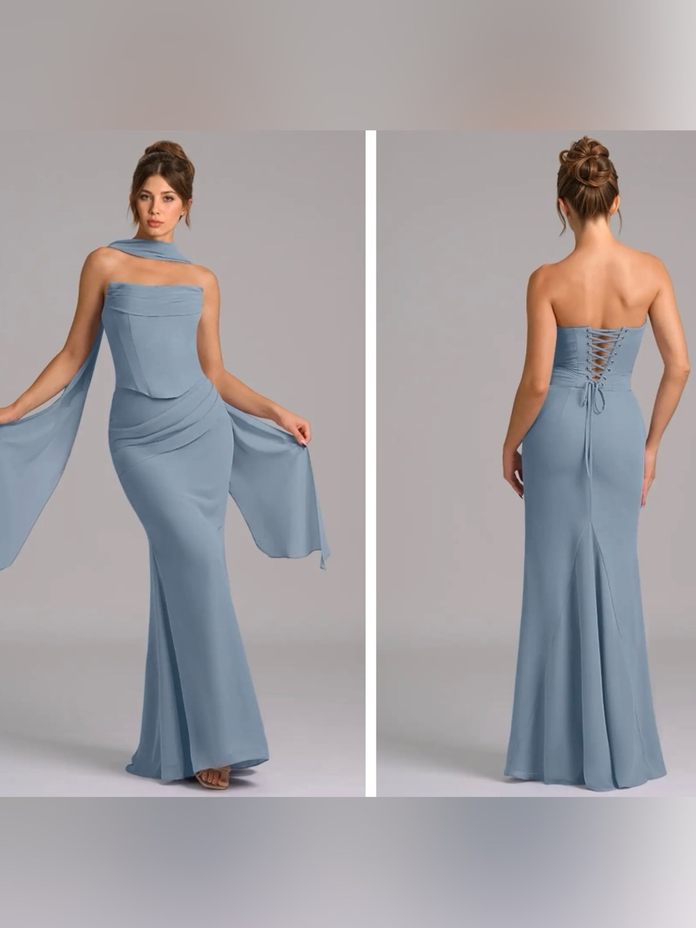 Azazie Sorrel Dusty Blue Mermaid Corset Chiffon Dress with the matching chiffon